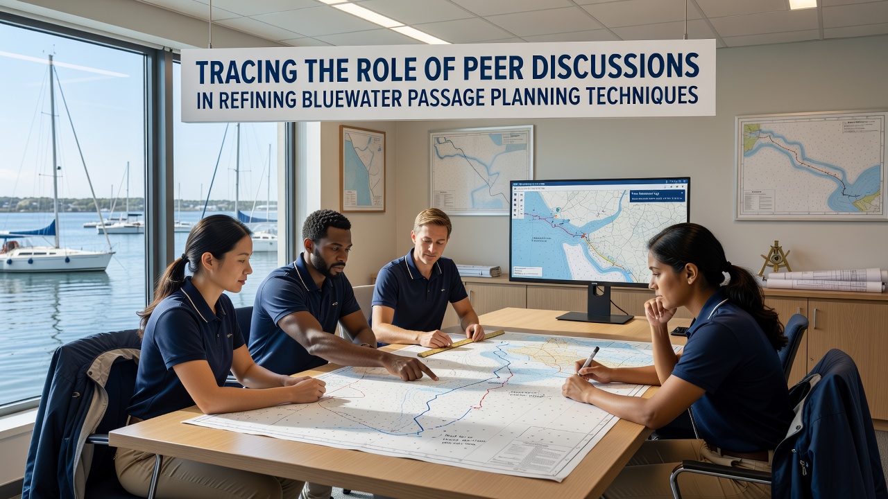 Group of sailors analyzing electronic charts and weather models together